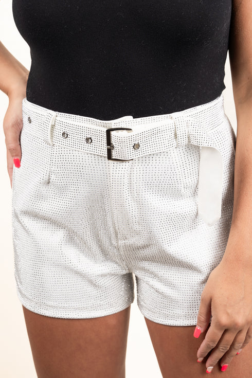 Saturday Shimmer White Crystal Belted Shorts