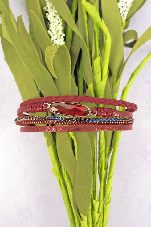 Red Oval Gem Multi-Strand Magnetic Bracelet