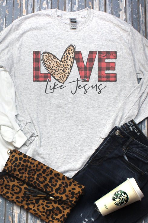 Buffalo Plaid Love Like Jesus Unisex Dri-Power Long-Sleeve 50/50 Tee