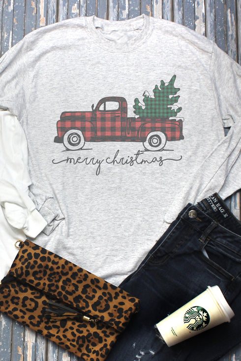 Merry Christmas Buffalo Plaid Truck Unisex Dri-Power Long-Sleeve 50/50 Tee