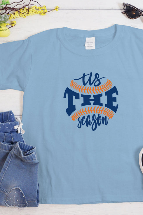 Youth Tis The Season Baseball Blue and Orange Dri-Power 50/50 T-Shirt