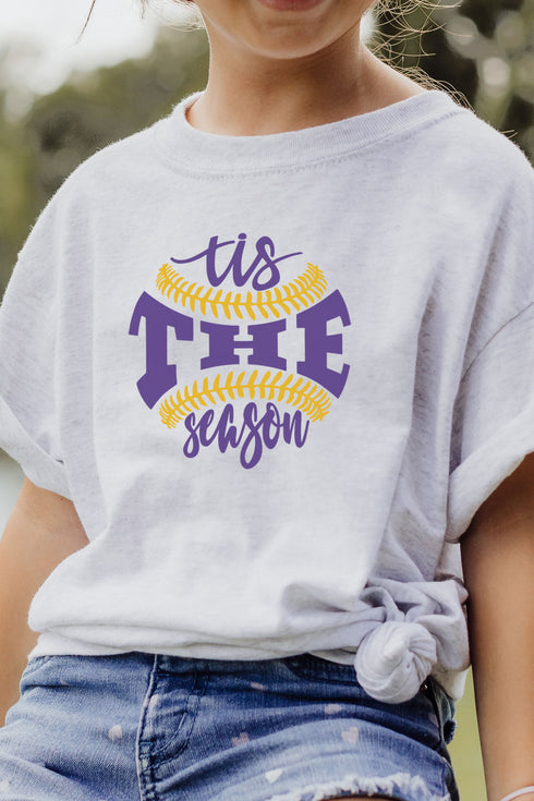 Youth Tis The Season Baseball Purple and Gold Dri-Power 50/50 T-Shirt
