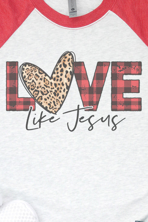 Buffalo Plaid Love Like Jesus Tri-Blend Unisex 3/4 Raglan