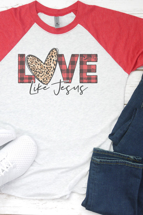 Buffalo Plaid Love Like Jesus Tri-Blend Unisex 3/4 Raglan