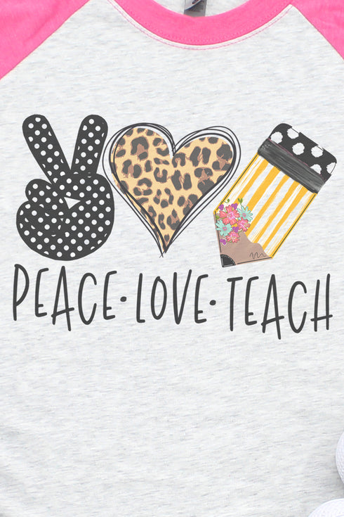 Doodle Peace Love Teach Leopard Tri-Blend Unisex 3/4 Raglan
