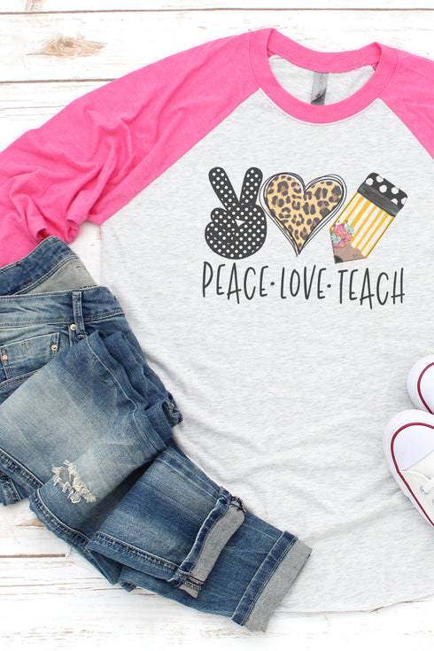 Doodle Peace Love Teach Leopard Tri-Blend Unisex 3/4 Raglan