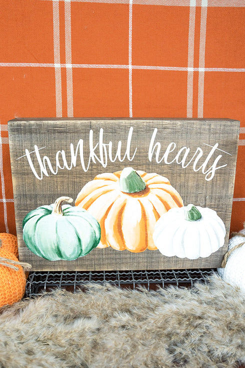 8.5 x 12 'Thankful Hearts' Pumpkin Trio Wood Box Sign