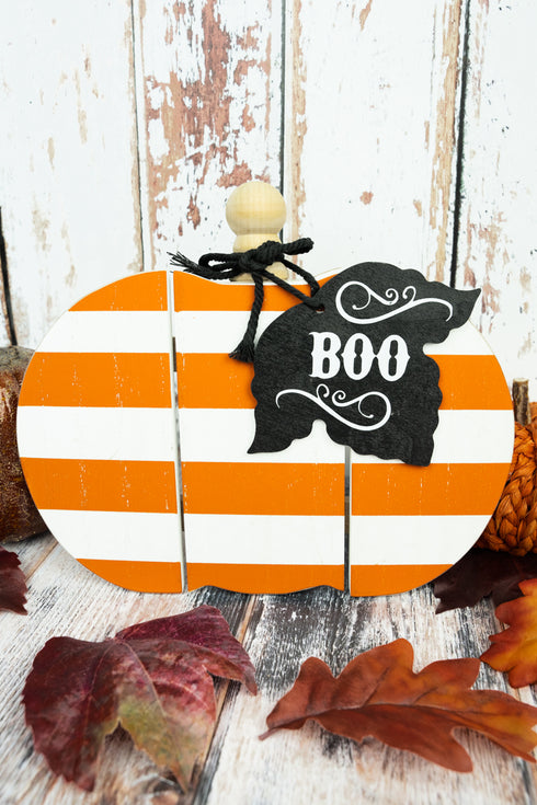 8 x 9 'Boo' Orange Stripe Tabletop Slat Pumpkin