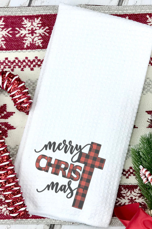 Cross Merry Christmas Buffalo Plaid Waffle Kitchen Towel