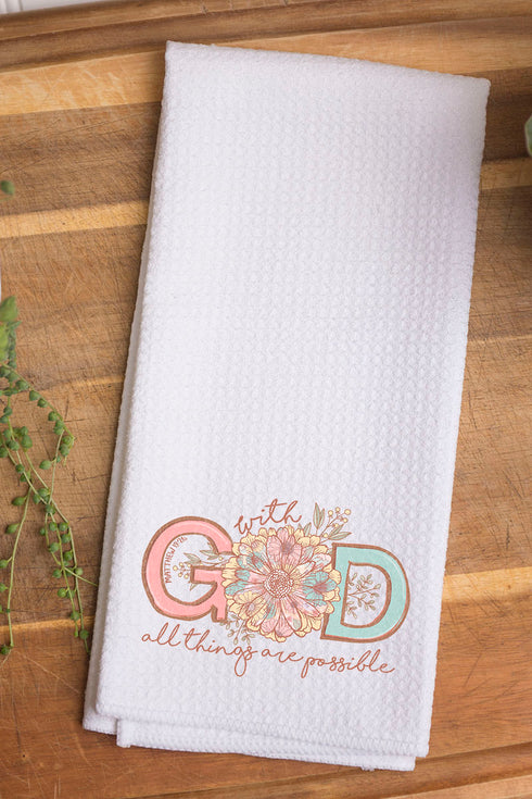 Floral All Things Are Possible Waffle Kitchen Towel