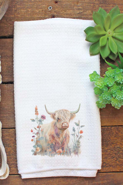 Floral Highland Cow Waffle Kitchen Towel