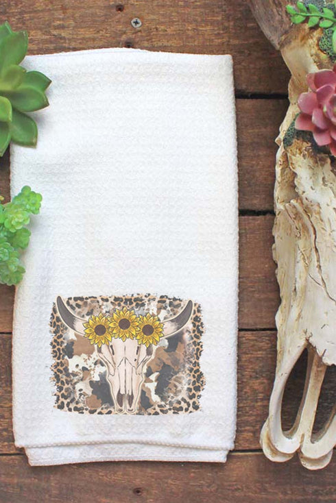 Sunflower Bull Skull Leopard Waffle Kitchen Towel
