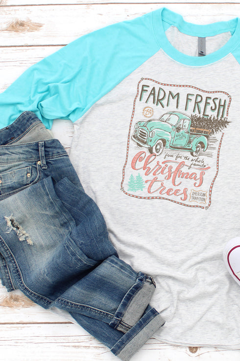 Sketch Farm Fresh Christmas Trees Tri-Blend Unisex 3/4 Raglan