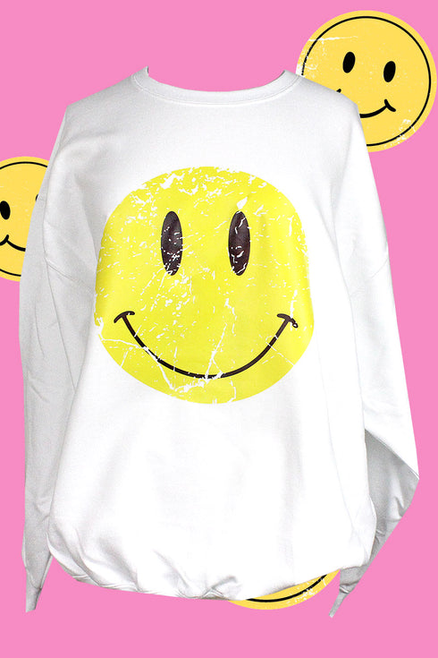 Distressed Happy Face Ecosmart Crewneck Sweatshirt