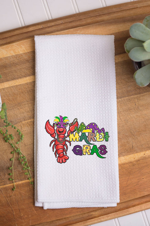 Colorful Crawfish Mardi Gras Waffle Kitchen Towel