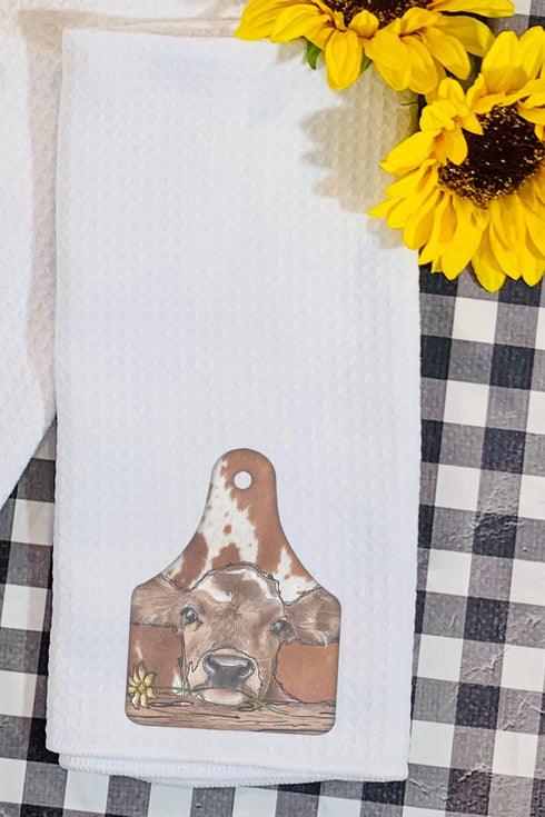 Henrietta Brown Cow Tag Waffle Kitchen Towel