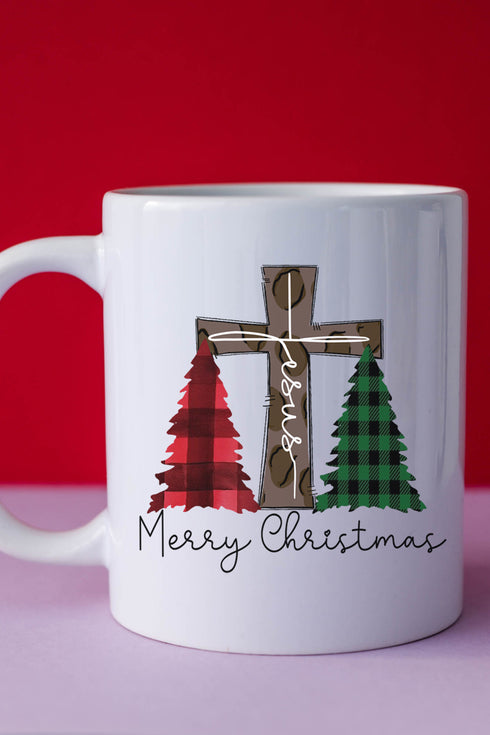Cross Trees Merry Christmas Jesus White Mug