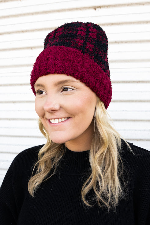 Cabin Cozy Plaid Beanie, Red