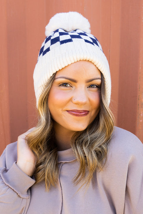 Race To The Finish Ear Flap Pom Winter Beanie, Ivory