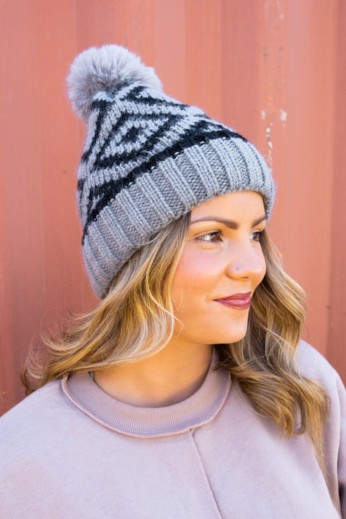 Baltic Breeze Faux Fur Lined Pom Beanie, Gray