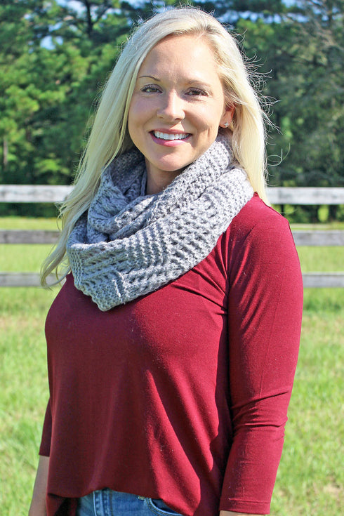 Fall Feels Crochet Knit Infinity Scarf, Gray