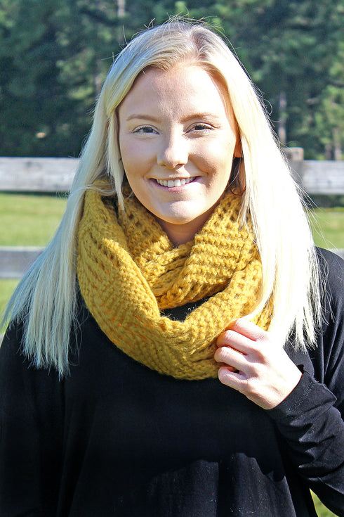 Fall Feels Crochet Knit Infinity Scarf, Mustard