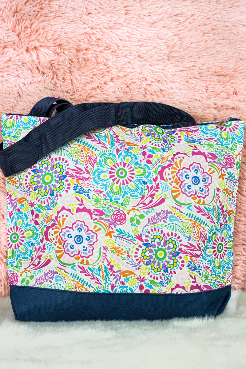 In Bloom Utility Tote with Navy Trim