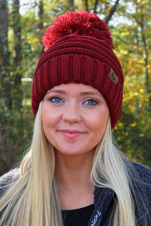 Snowball Fight Pom Pom Beanie, Burgundy
