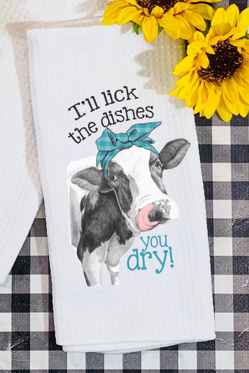 Lick The Dishes Cow Waffle Kitchen Towel