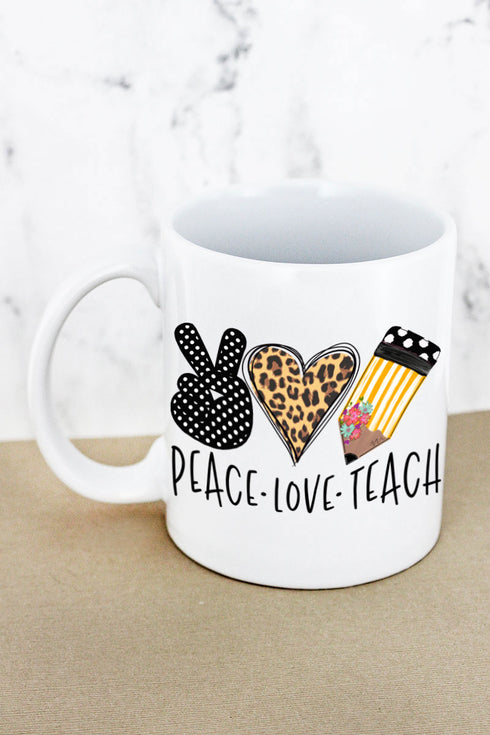 Doodle Peace Love Teach Leopard White Mug