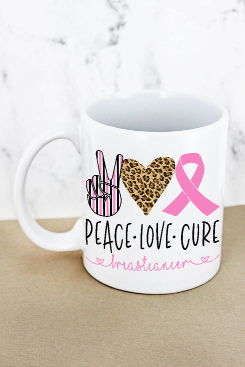 Peace Love Pink Ribbon White Mug