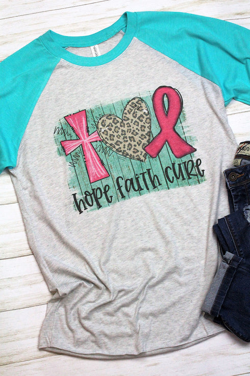 Hope Faith Cure Pink Ribbon Tri-Blend Unisex 3/4 Raglan