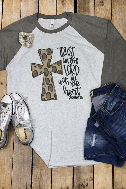 Cross Leopard Trust In The Lord Tri-Blend Unisex 3/4 Raglan