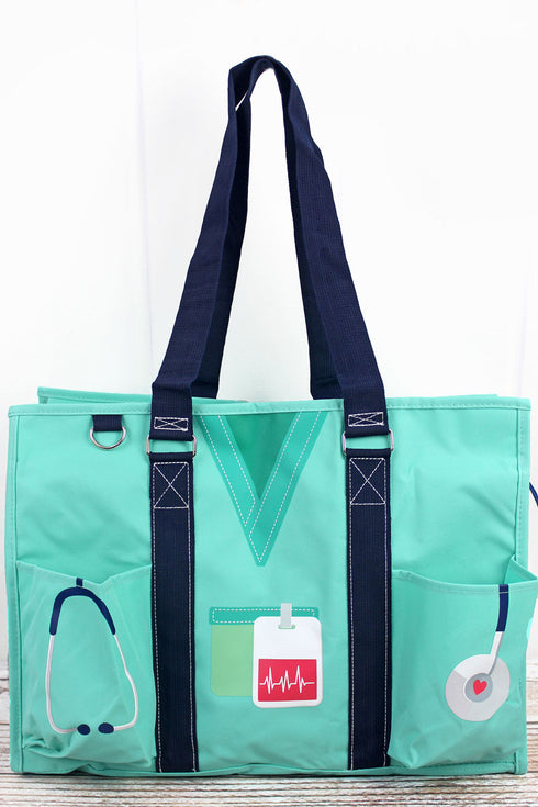 Scrub Life Mint with Navy Trim Large Organizer Tote