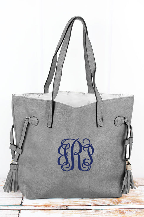 Gray Faux Leather Side Tassel Tote