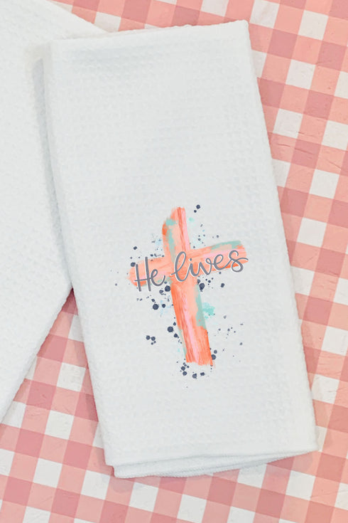 Watercolor He Lives Waffle Kitchen Towel