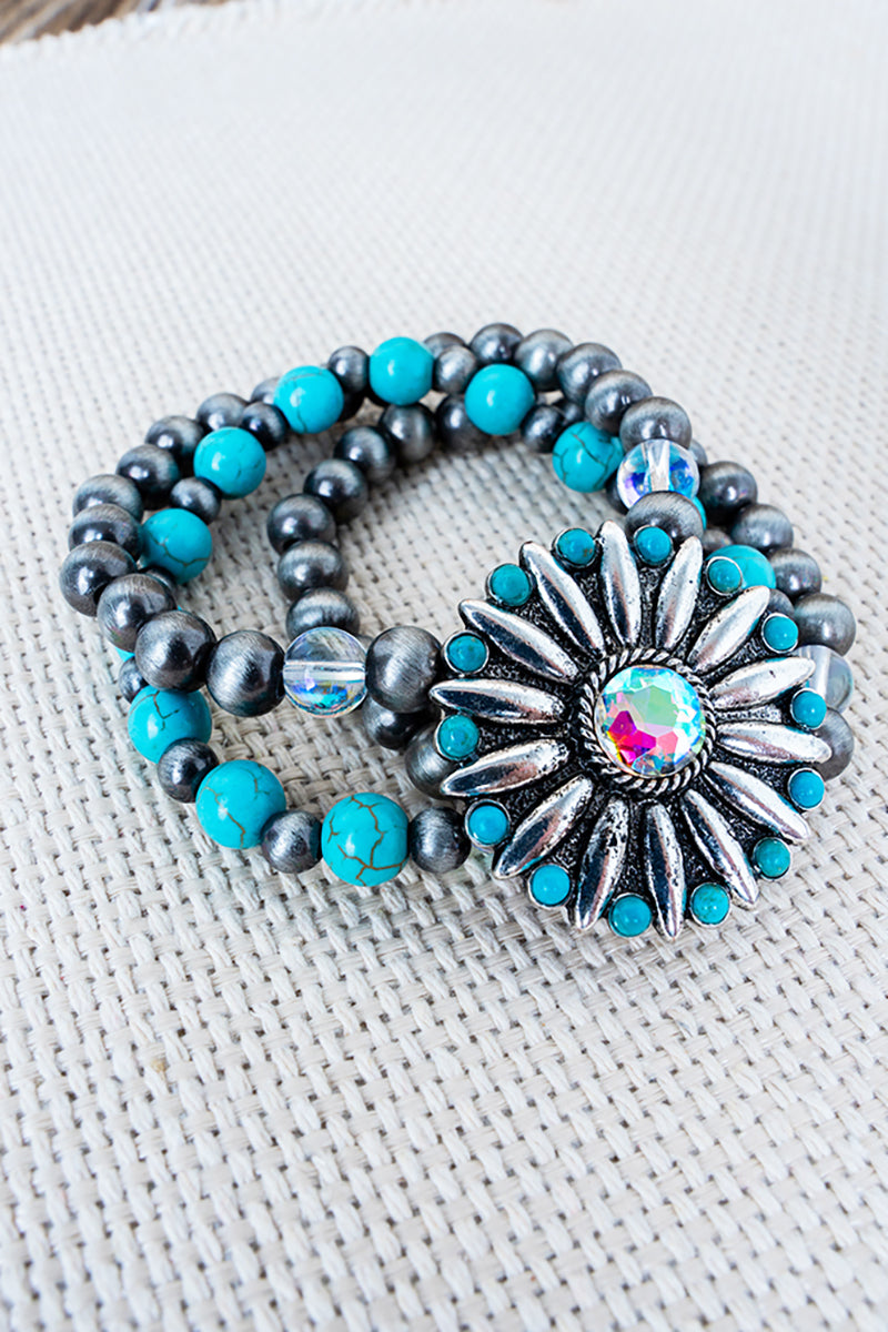 Western Cowboy Bracelet For Women — Turquoise Beaded Stackable Bracelet With Cowboy Charm, Boho Jewelry Gift