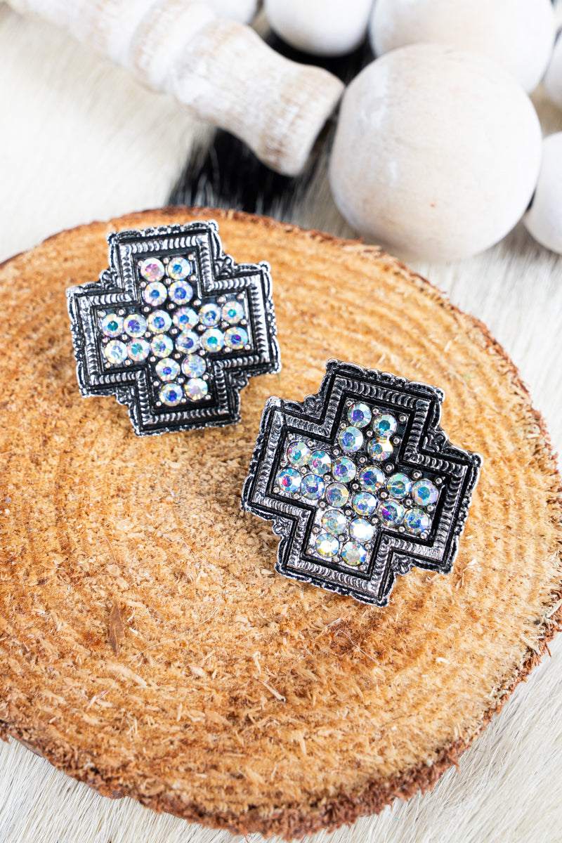 Iridescent Canyon Glow Square Cross Silvertone Stud Earrings | HH ...