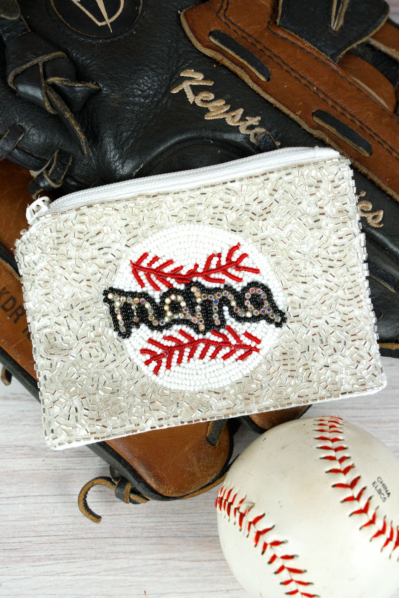 Baseball 'Mama' White Seed Bead Coin Purse